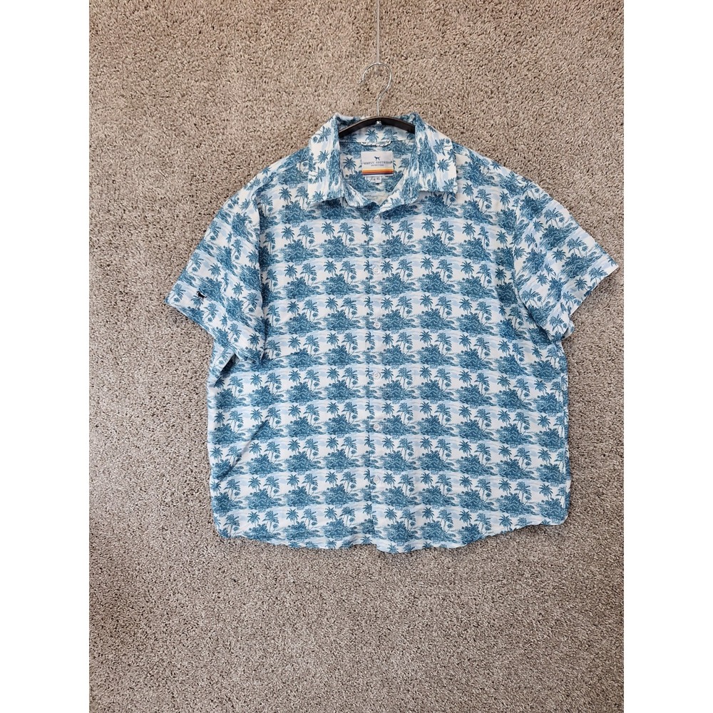 Simply Southern Shirt Men's XL White Blue Palm Tree Print Short Sleeve Button Up